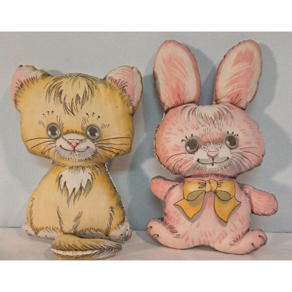 Other - Vintage Printed Stuffed Bunny and Kitty Pillow Dolls Set of 2